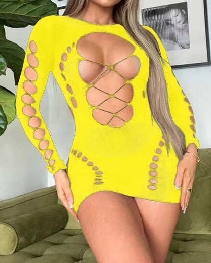 Sexy Fishnet Long-sleeved Backless Hollow Stretch Hip Dress