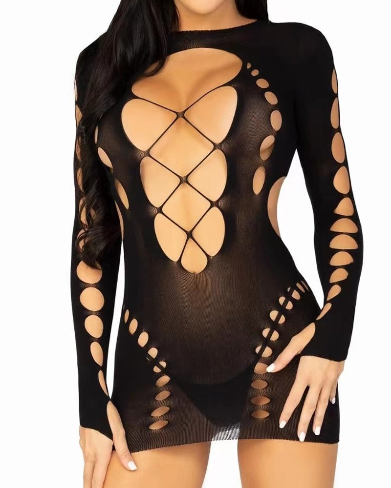 Sexy Fishnet Long-sleeved Backless Hollow Stretch Hip Dress