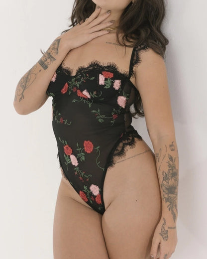 Sexy Lace Mesh Flower Embroidered Bodysuit