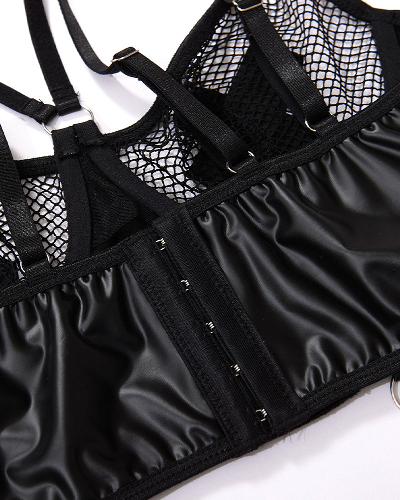 Sexy PU Leather Fishnet See-through Pajamas Set