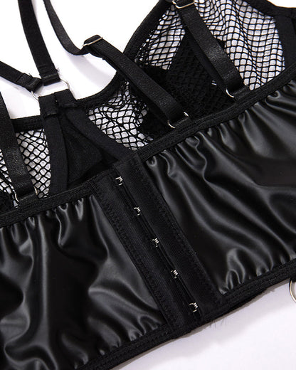 Sexy PU Leather Fishnet See-through Pajamas Set