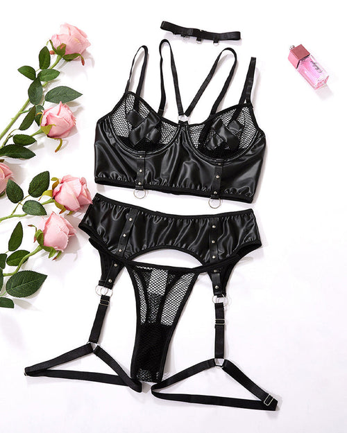 Sexy PU Leather Fishnet See-through Pajamas Set