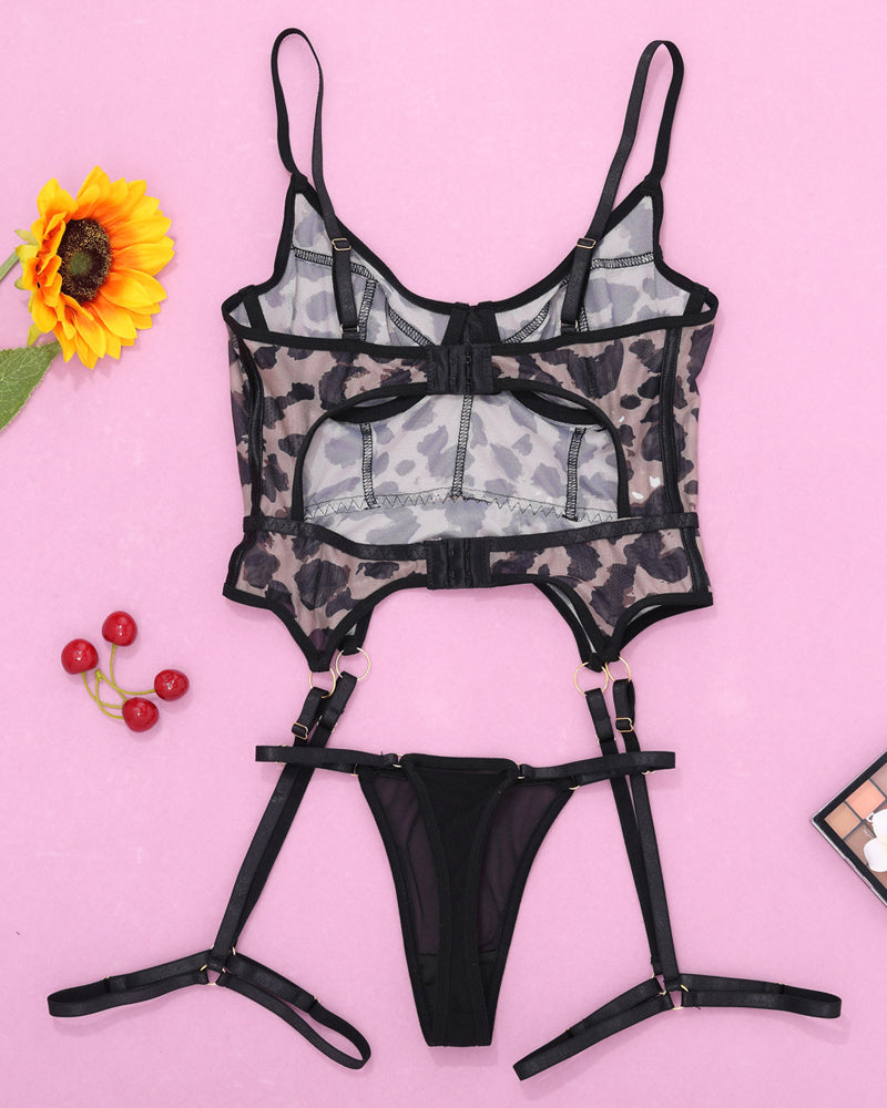 Sexy Leopard Print Mesh See-through Body-shaping Pajamas Set