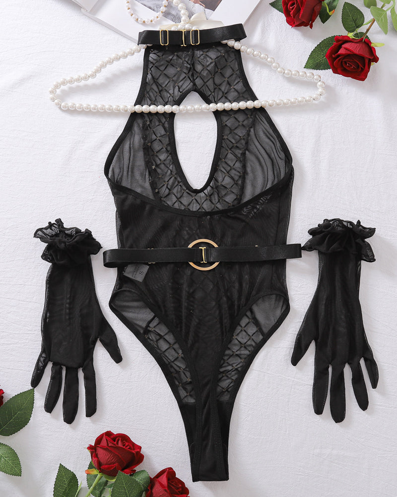 Diamond Print Mesh Splicing Hollow Halter Neck Sexy Bodysuit