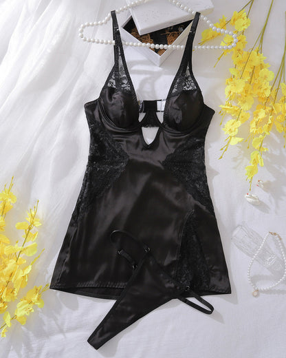 Sexy Slim-fitting Erotic Hollow Lace Splicing Nightdress