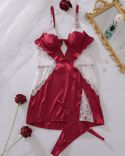 Sexy Slim-fitting Erotic Hollow Lace Splicing Nightdress