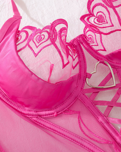 Heart Embroidered See-Through Cross Strap Sexy Shaping Underwear Set