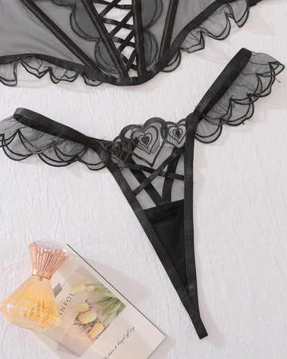 Heart Embroidered See-Through Cross Strap Sexy Shaping Underwear Set