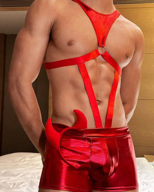 Men's Hollow Bandage Top Tight Leather Shorts Devil Horn Headdress Sexy Lingerie Set