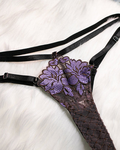 Sexy Flower Embroidered Mesh Hollowed-out Suit