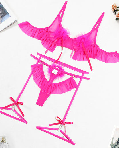 Plush Ball Pleated Skirt See-through Mesh Sexy Underwear Set