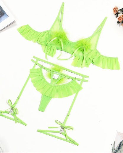 Plush Ball Pleated Skirt See-through Mesh Sexy Underwear Set