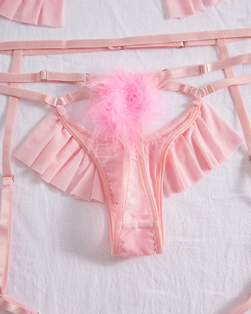 Plush Ball Pleated Skirt See-through Mesh Sexy Underwear Set