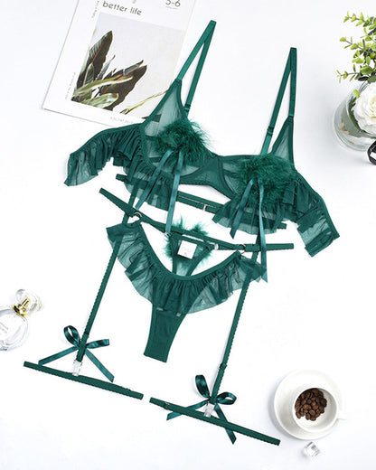 Plush Ball Pleated Skirt See-through Mesh Sexy Underwear Set