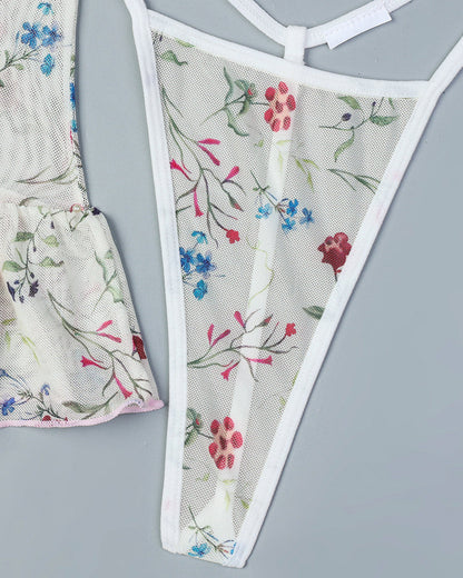 Floral Lace Stitching Stretch Mesh Sexy Pajamas and Stockings Set