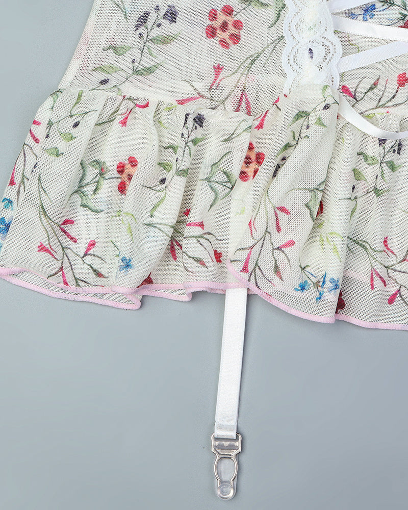 Floral Lace Stitching Stretch Mesh Sexy Pajamas and Stockings Set