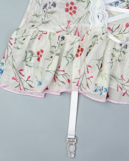 Floral Lace Stitching Stretch Mesh Sexy Pajamas and Stockings Set