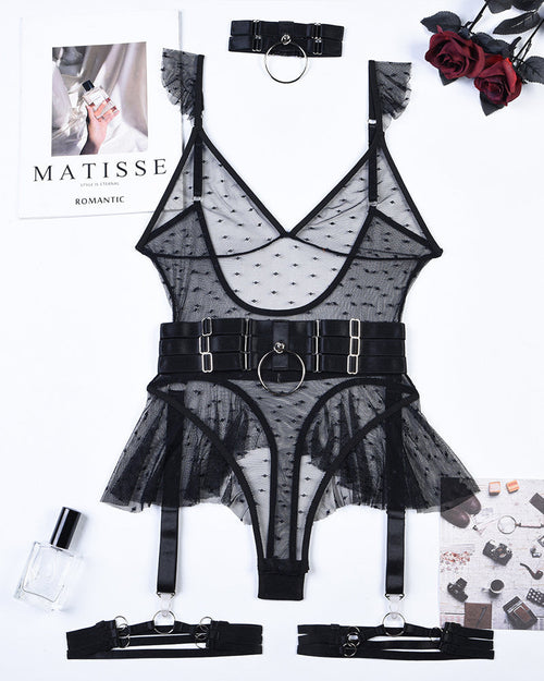 Sexy Polka Dot Mesh Bodysuit with Halter Neck Waist and Leg Rings