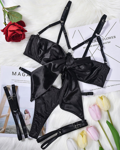 Bowknot Hollow Sexy Three-piece Suit with Steel Ring