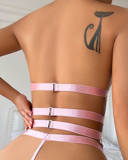 Sexy Metal Heart Chain Gathered Lace Lingerie Garter Set