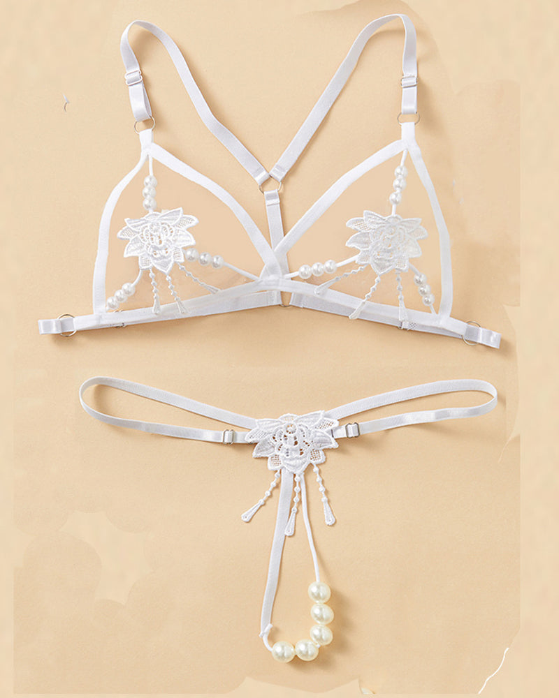 Women's Three-point Sexy Hollow Pearl Massage Underwear Set