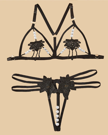 Women's Three-point Sexy Hollow Pearl Massage Underwear Set