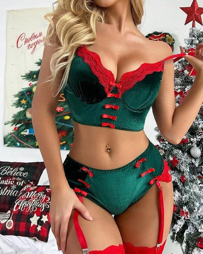 Christmas Sexy Velvet Colorblock Suit