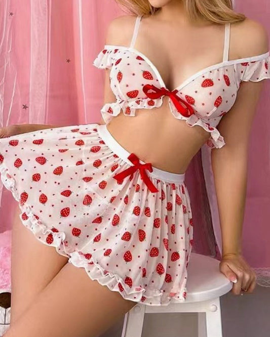 Strawberry Print Sexy Cute Mesh Pajama Skirt Set