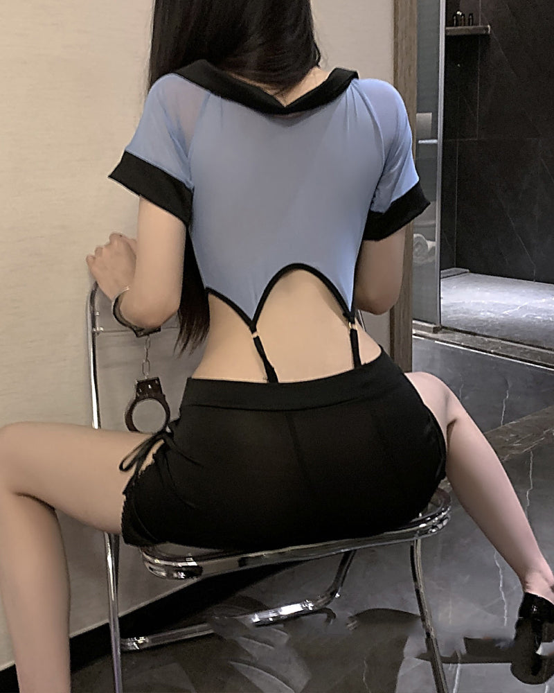 Sexy Policewoman Uniform Cosplay Hollow Perspective Pajamas
