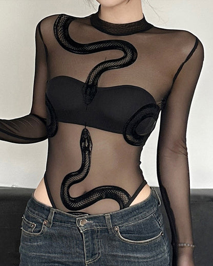 Flocked Snake Print Sexy See-through Mesh Stretch Long Sleeve Bodysuits