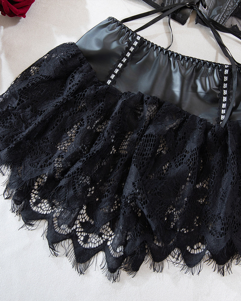 Sexy PU Leather Stitching Lace See-through Strappy Lingerie Set