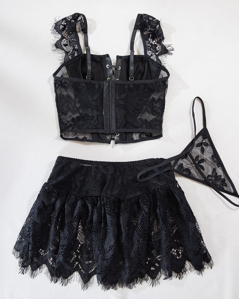 Sexy PU Leather Stitching Lace See-through Strappy Lingerie Set