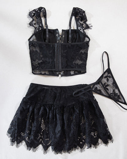 Sexy PU Leather Stitching Lace See-through Strappy Lingerie Set