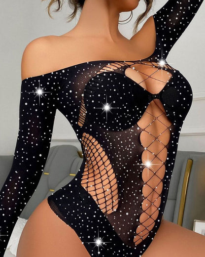Women's Hot Diamond Shiny Long-sleeved Mesh Bodysuit