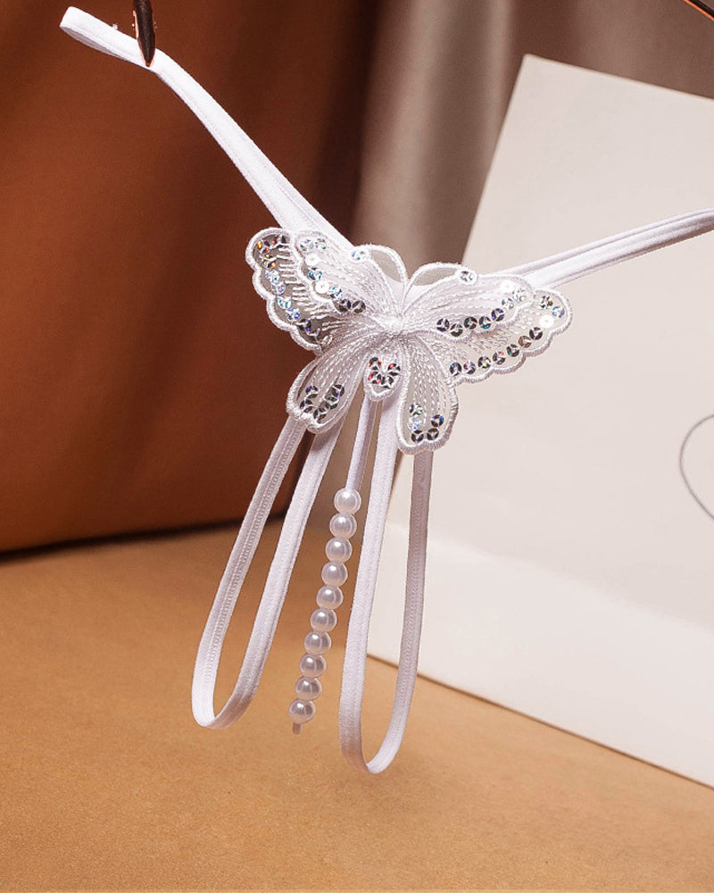 Sexy Sequin Butterfly Embroidered Open Crotch Massage Pearl Thong