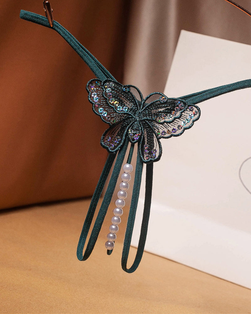 Sexy Sequin Butterfly Embroidered Open Crotch Massage Pearl Thong
