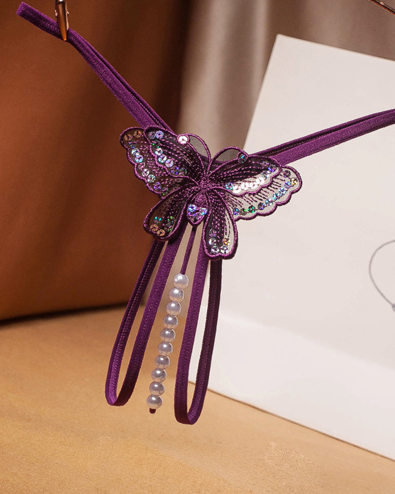 Sexy Sequin Butterfly Embroidered Open Crotch Massage Pearl Thong