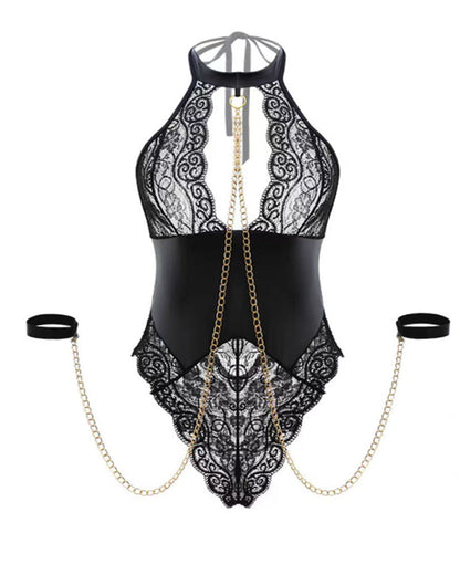 Deep V Halterneck Patent Leather Lace Splicing Bondage Metal Chain Sexy Lingerie