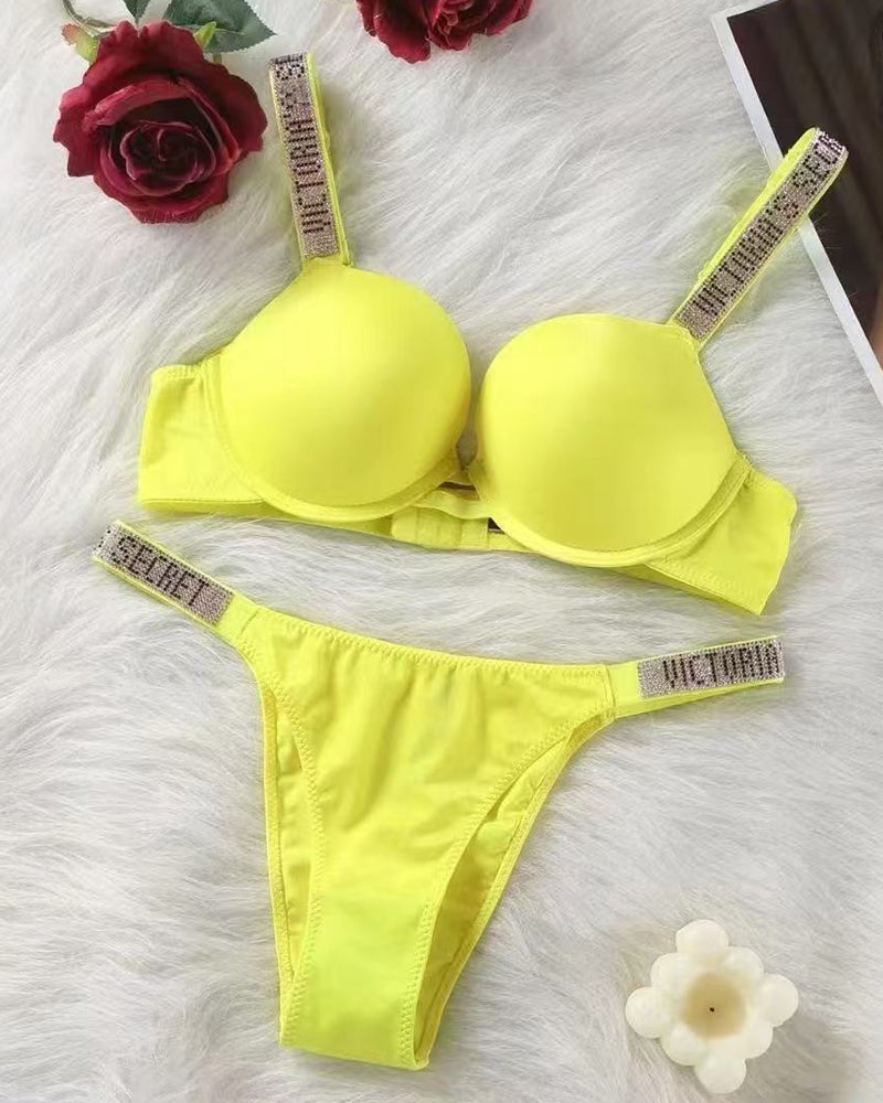 Sparkling Diamond Wide Strap Letter Rhinestone Sexy Push-Up Bra Set