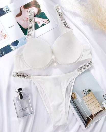 Sparkling Diamond Wide Strap Letter Rhinestone Sexy Push-Up Bra Set