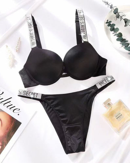 Sparkling Diamond Wide Strap Letter Rhinestone Sexy Push-Up Bra Set