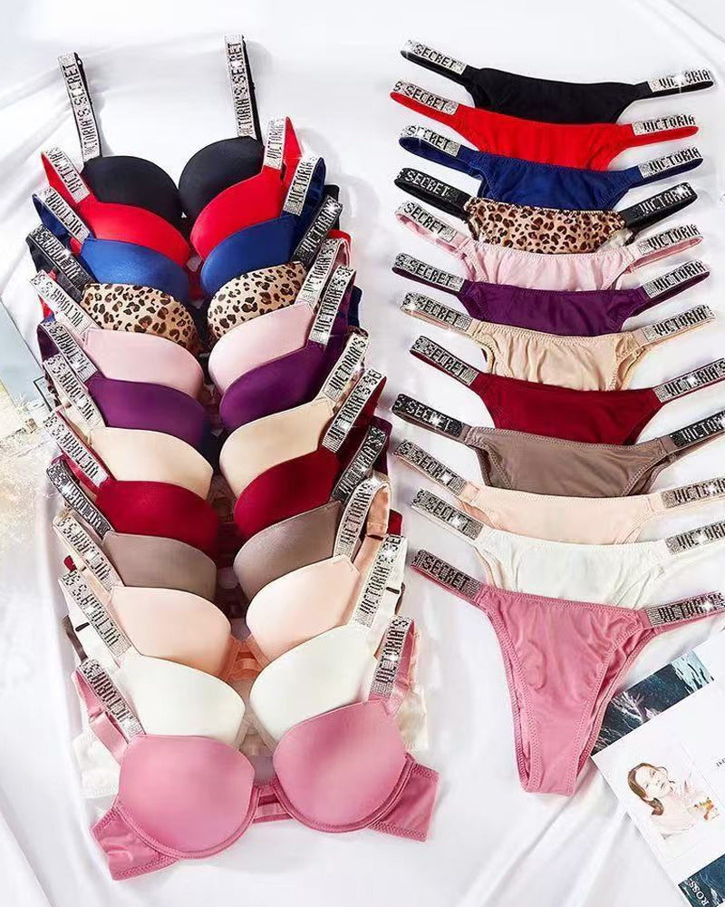 Sparkling Diamond Wide Strap Letter Rhinestone Sexy Push-Up Bra Set