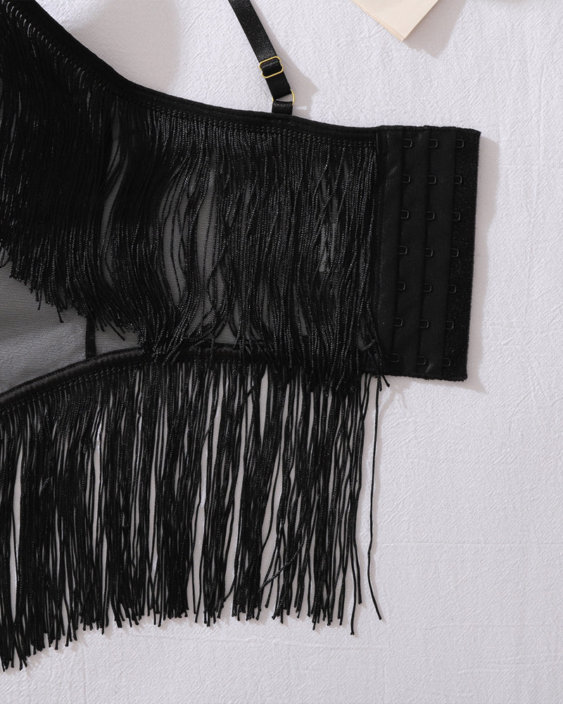 See-Through Mesh Sexy Suspenders Tassel Body-Shaping Bodysuit