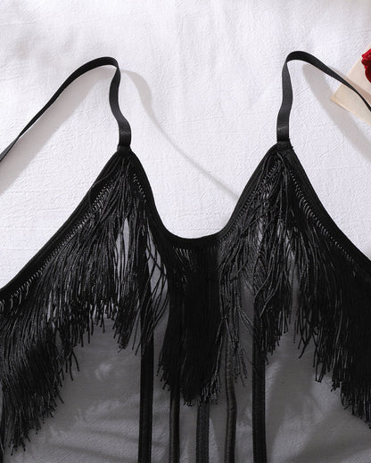See-Through Mesh Sexy Suspenders Tassel Body-Shaping Bodysuit