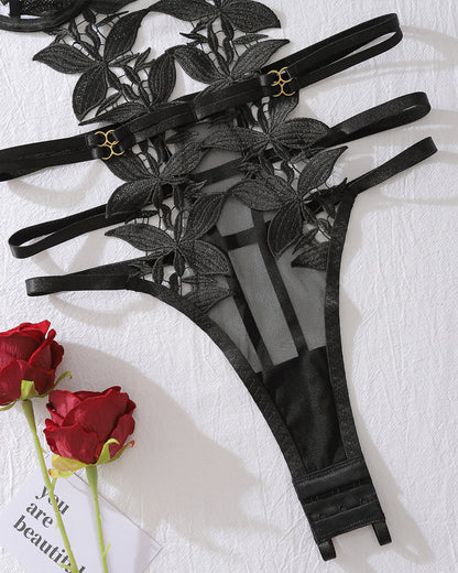 Sexy Floral Embroidery Hollow Heavy Craft Chain Bracelet Shaping Bodysuit Set