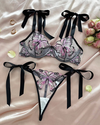 Butterfly Mesh Embroidery See-Through Temptation Sexy Lingerie Set