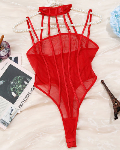 Sexy Mesh See-Through Stitching Halterneck Bodysuit