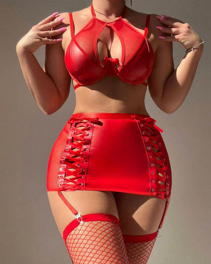 See Through Mesh Leather Stitching Lace Up Lingerie Set