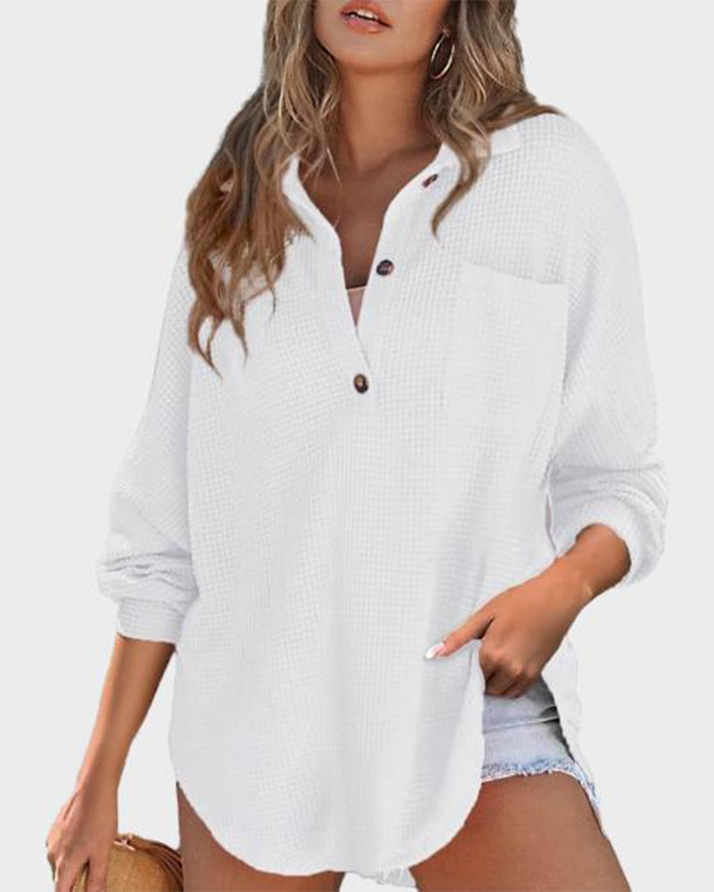 Relaxed Fit Long Sleeve Waffle Knit Button-Up Shirt