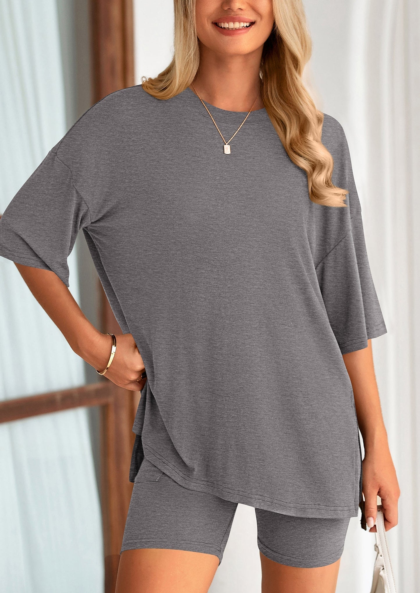 Women's Two-Piece Casual Sports Loose Shirt Cycling Shorts Suit